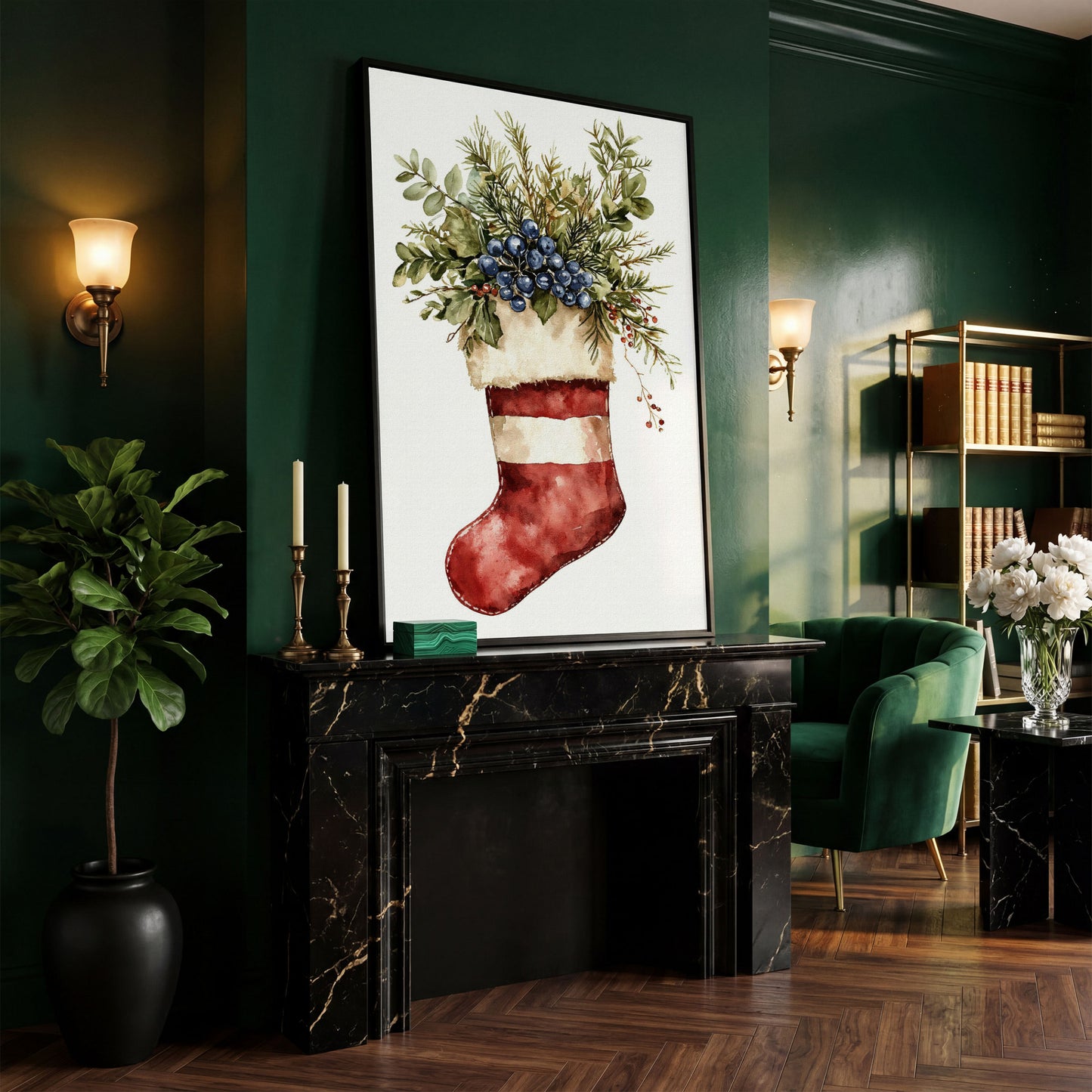 Red Stocking with Greenery and Berries Canvas in black floating frame