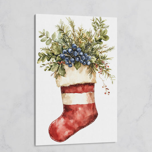 Red Stocking with Greenery and Berries Canvas on gallery wrap