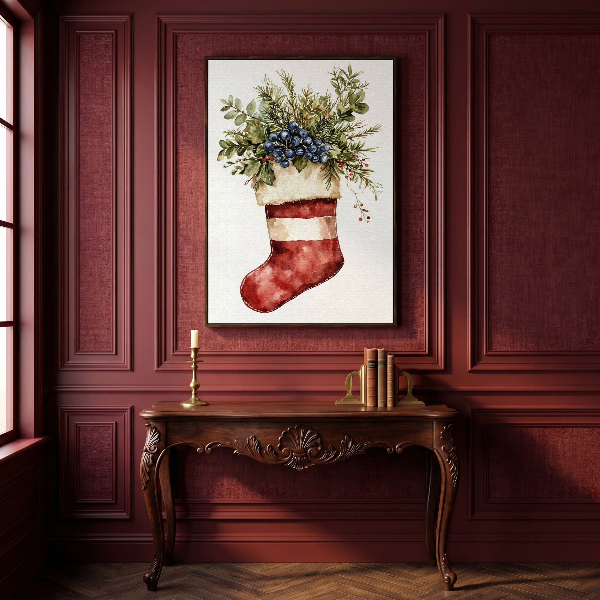 Red Stocking with Greenery and Berries Canvas in dark walnut floating frame