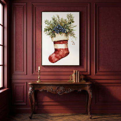 Red Stocking with Greenery and Berries Canvas in dark walnut floating frame