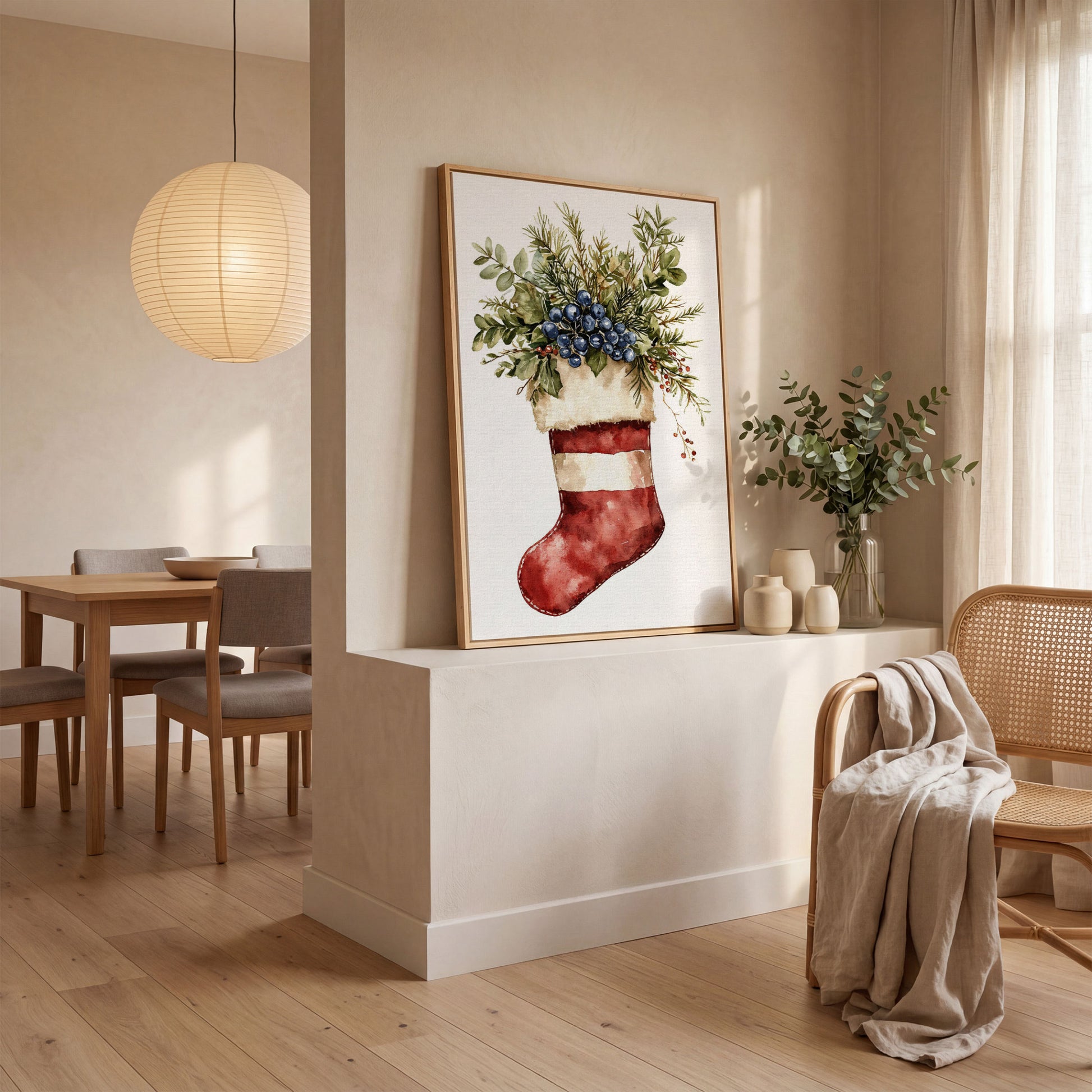 Red Stocking with Greenery and Berries Canvas in white oak floating frame
