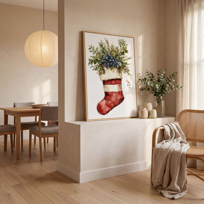 Red Stocking with Greenery and Berries Canvas in white oak floating frame