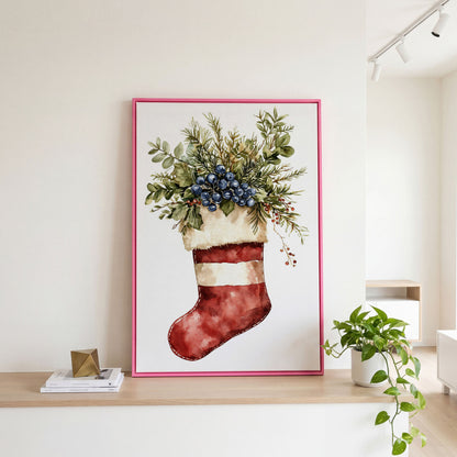 Red Stocking with Greenery and Berries Canvas in pink floating frame