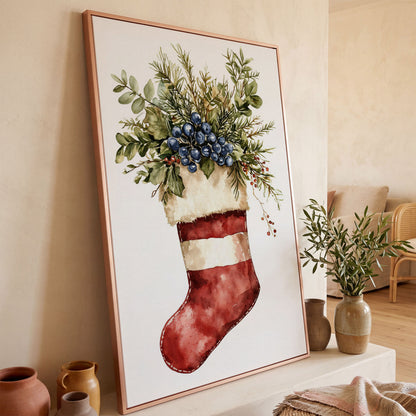 Red Stocking with Greenery and Berries Canvas in rose gold floating frame