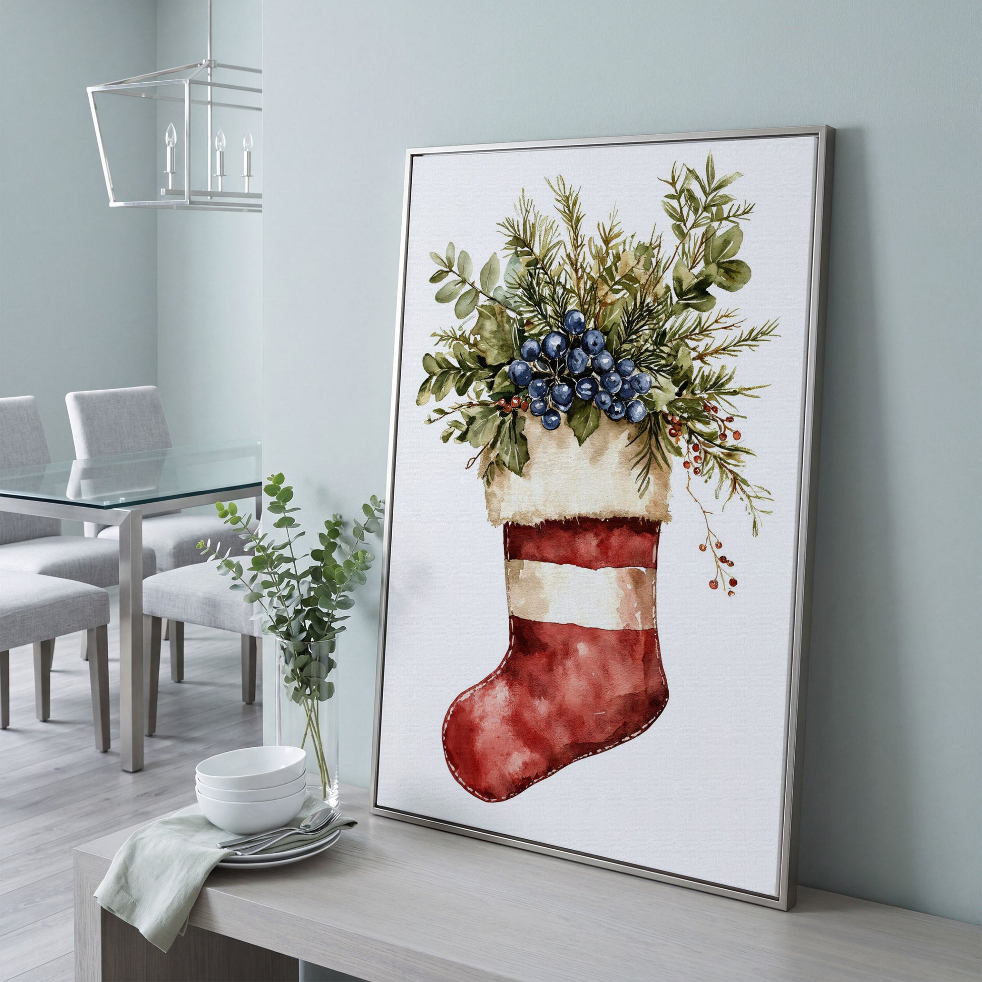 Red Stocking with Greenery and Berries Canvas in silver floating frame