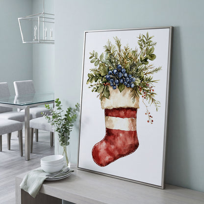 Red Stocking with Greenery and Berries Canvas in silver floating frame