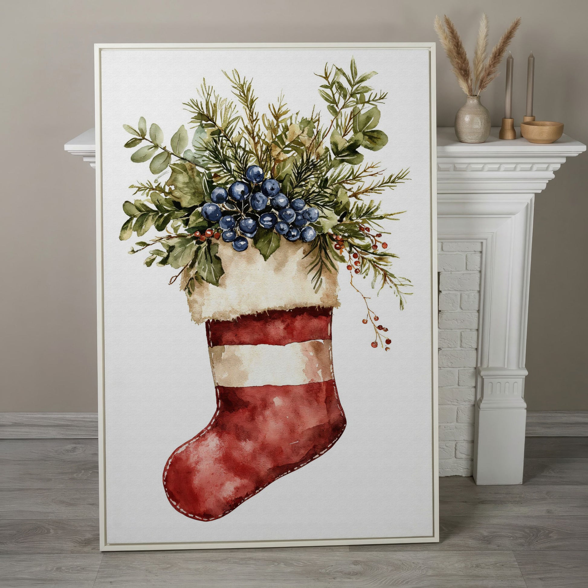 Red Stocking with Greenery and Berries Canvas in white floating frame