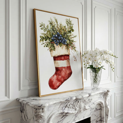 Red Stocking with Greenery and Berries Canvas in yellow gold floating frame
