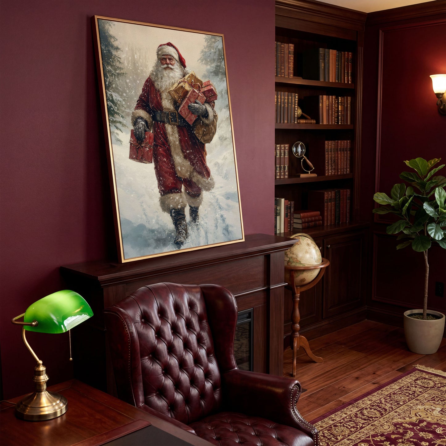 Santa in Snowy Forest Canvas Print in antique gold floating frame