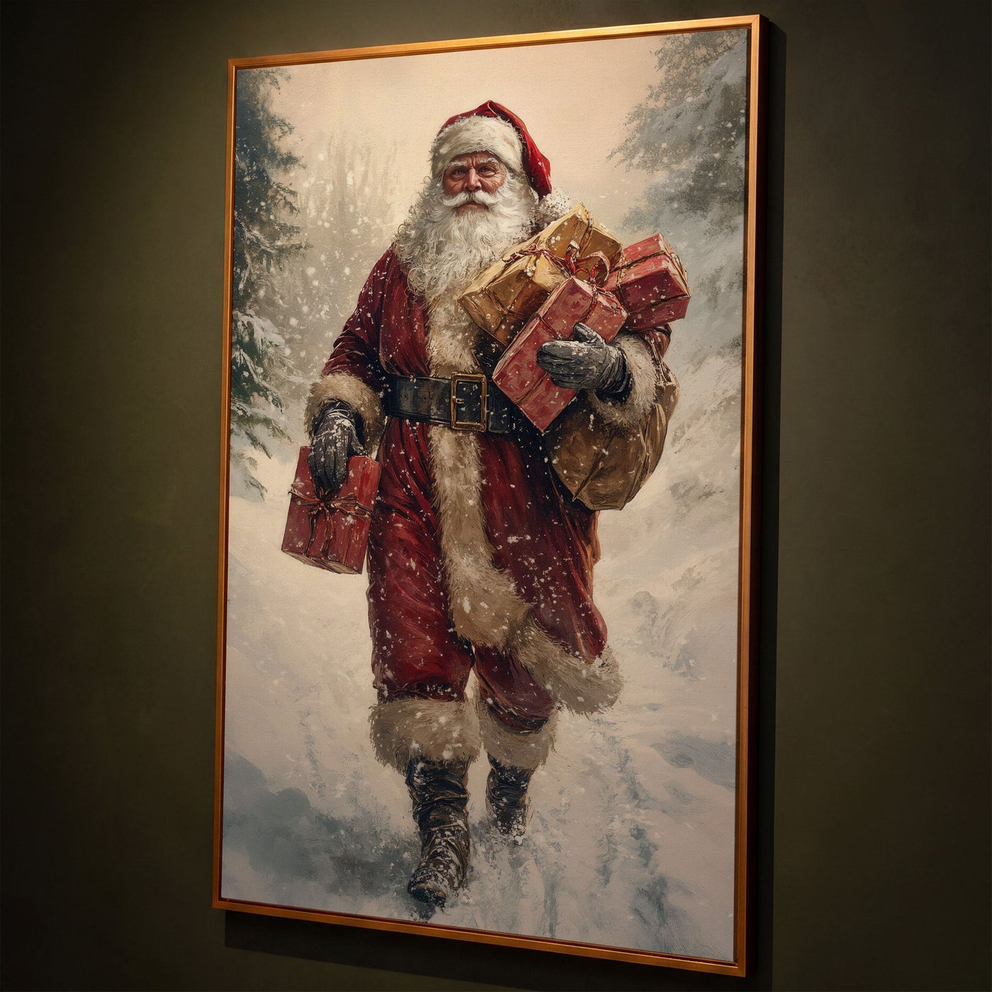 Santa in Snowy Forest Canvas Print shown in antique gold floating frame