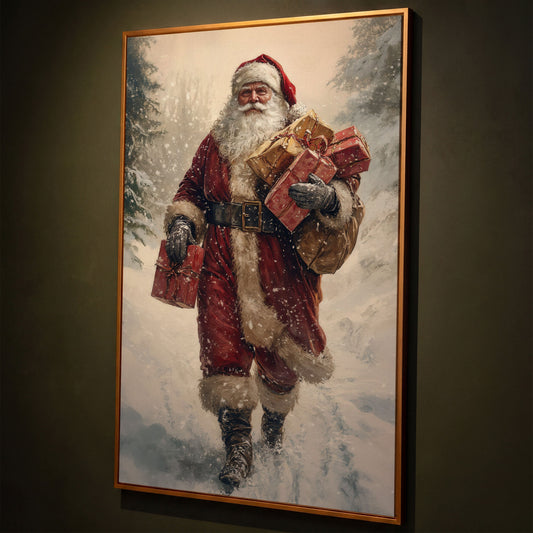 Santa in Snowy Forest Canvas Print shown in antique gold floating frame
