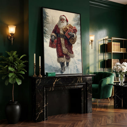 Santa in Snowy Forest Canvas Print in black floating frame