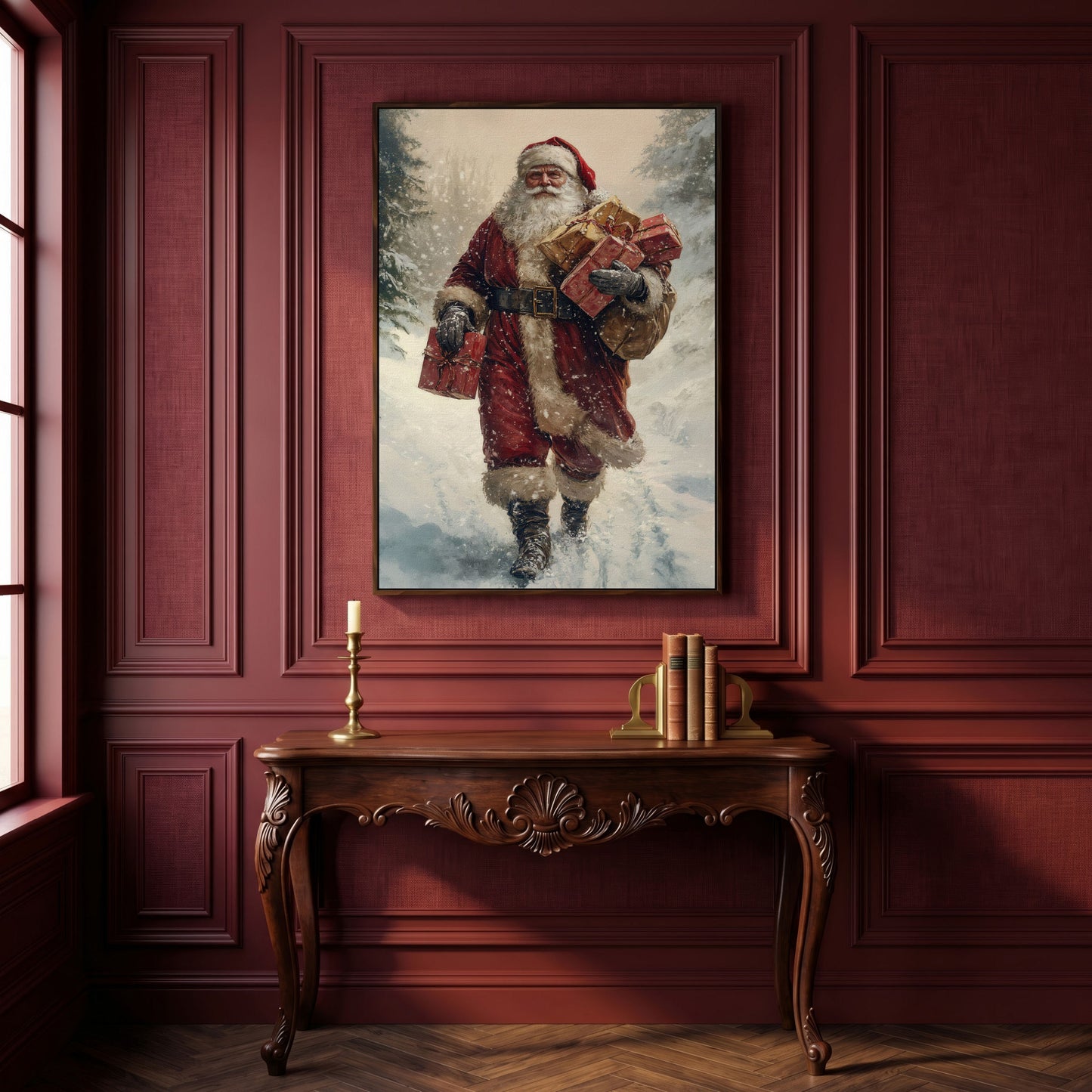 Santa in Snowy Forest Canvas Print in dark walnut floating frame