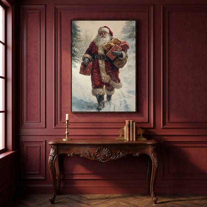 Santa in Snowy Forest Canvas Print in dark walnut floating frame
