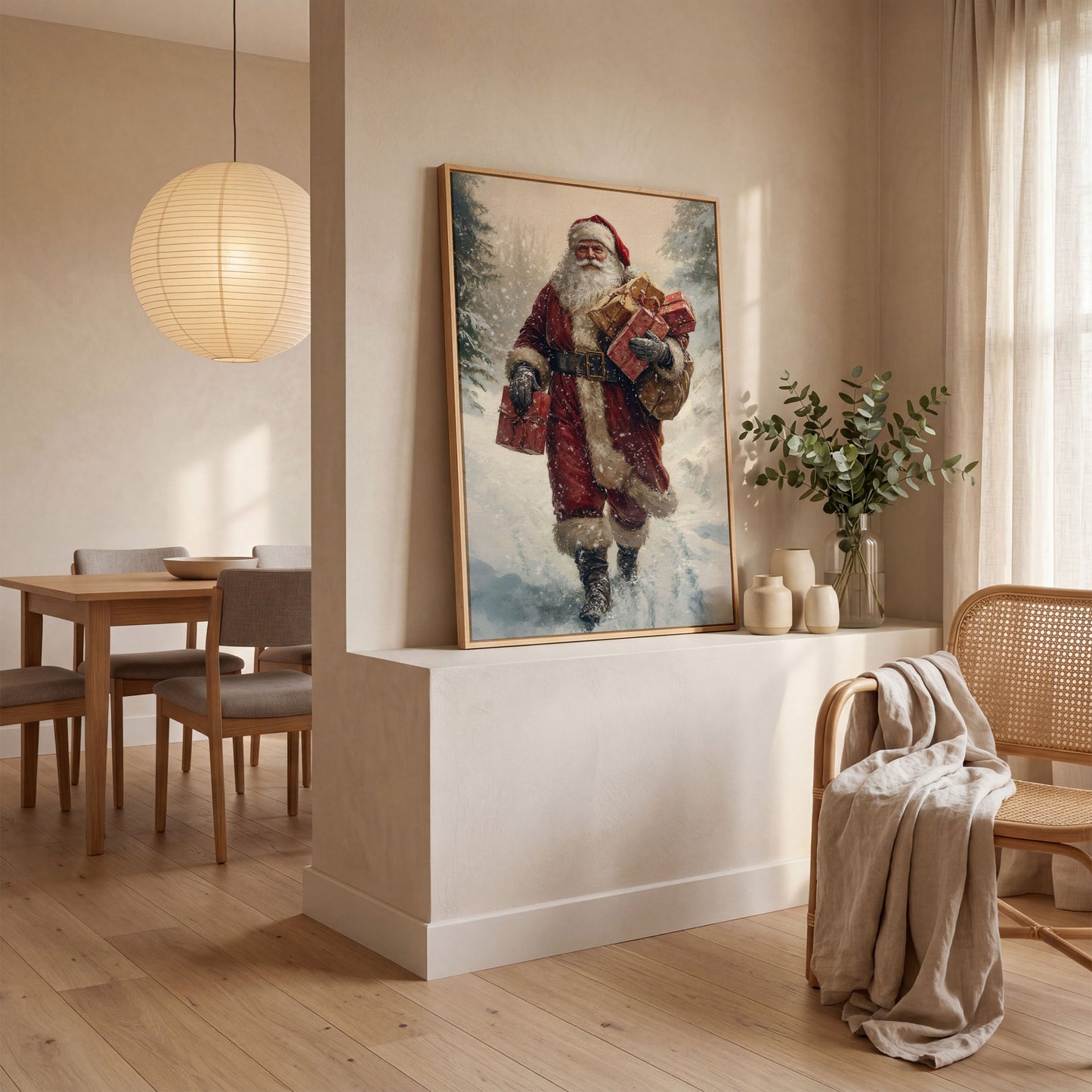 Santa in Snowy Forest Canvas Print in white oak floating frame