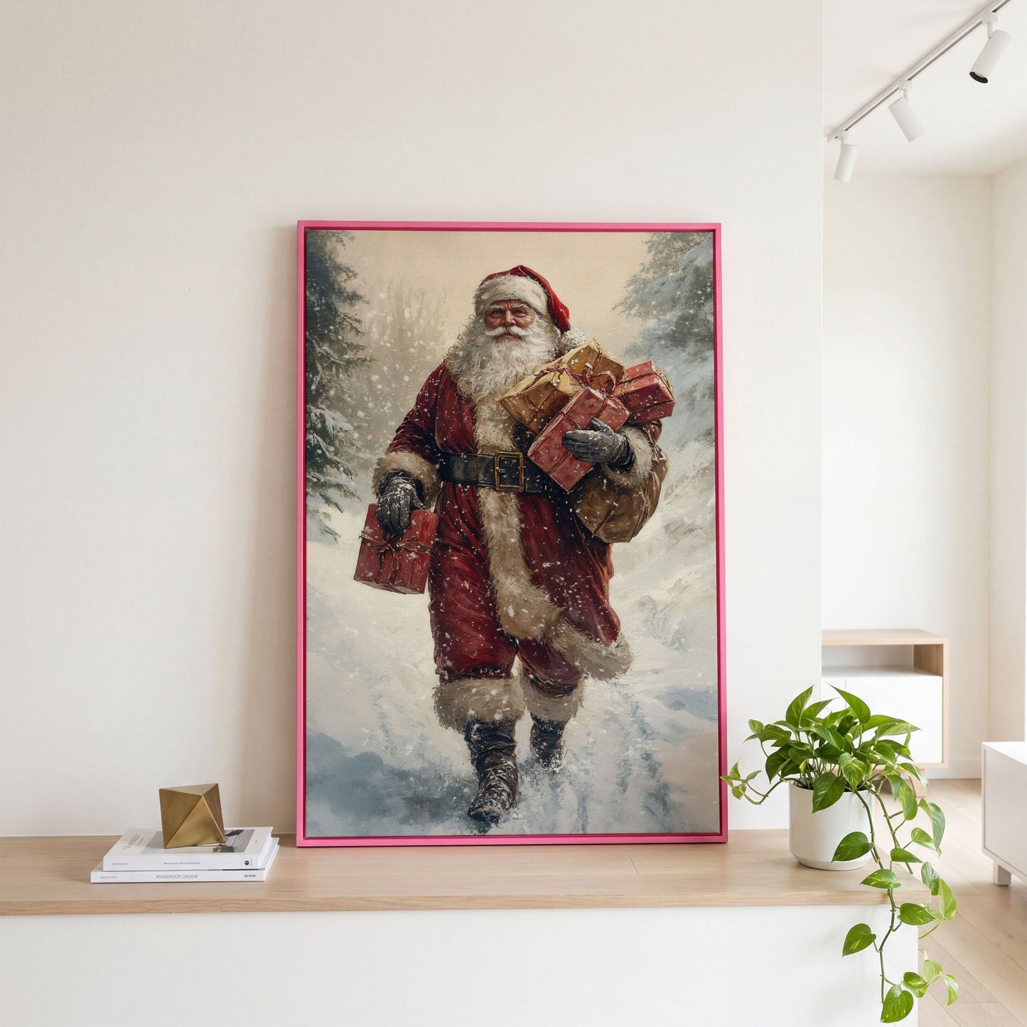 Santa in Snowy Forest Canvas Print in pink floating frame