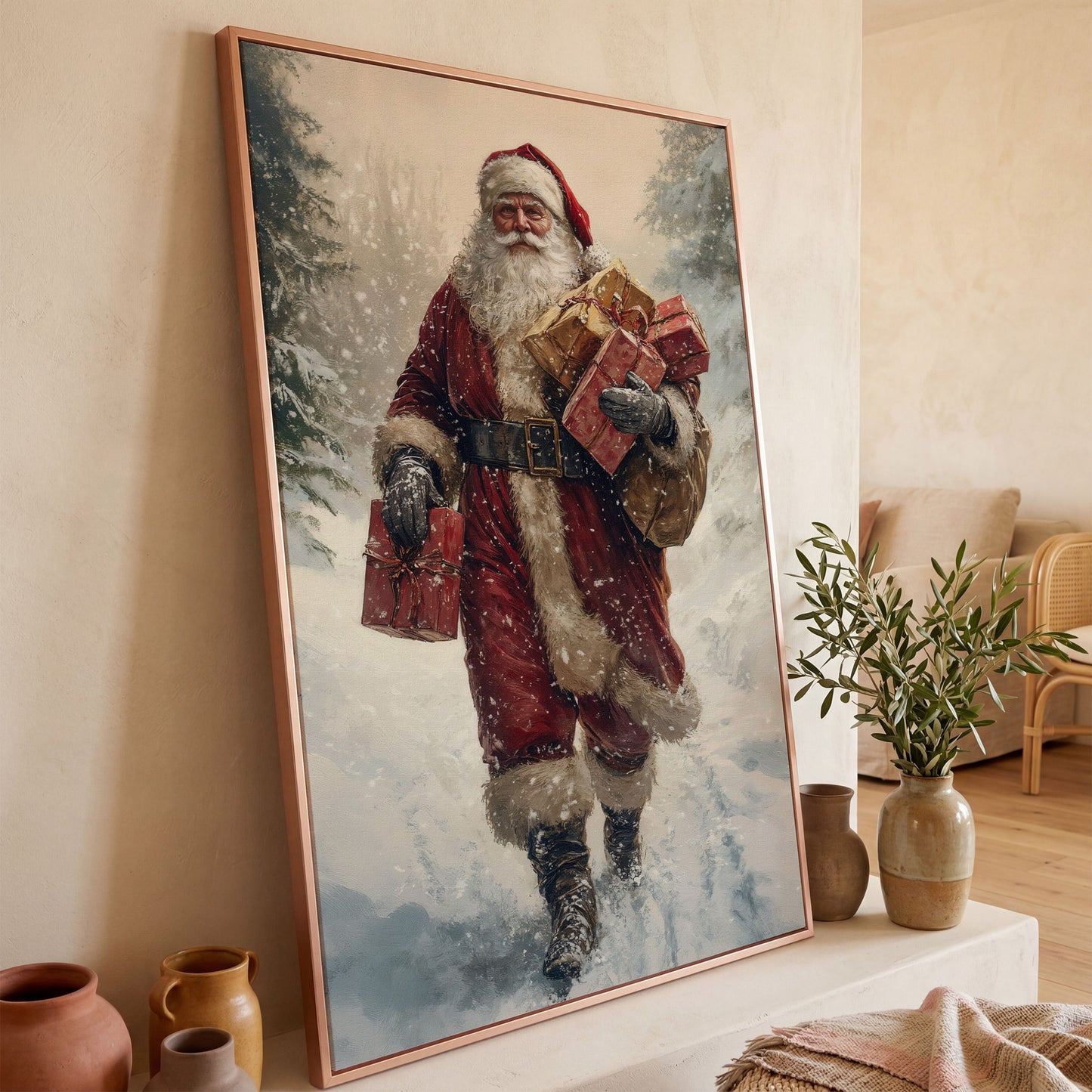 Santa in Snowy Forest Canvas Print in rose gold floating frame
