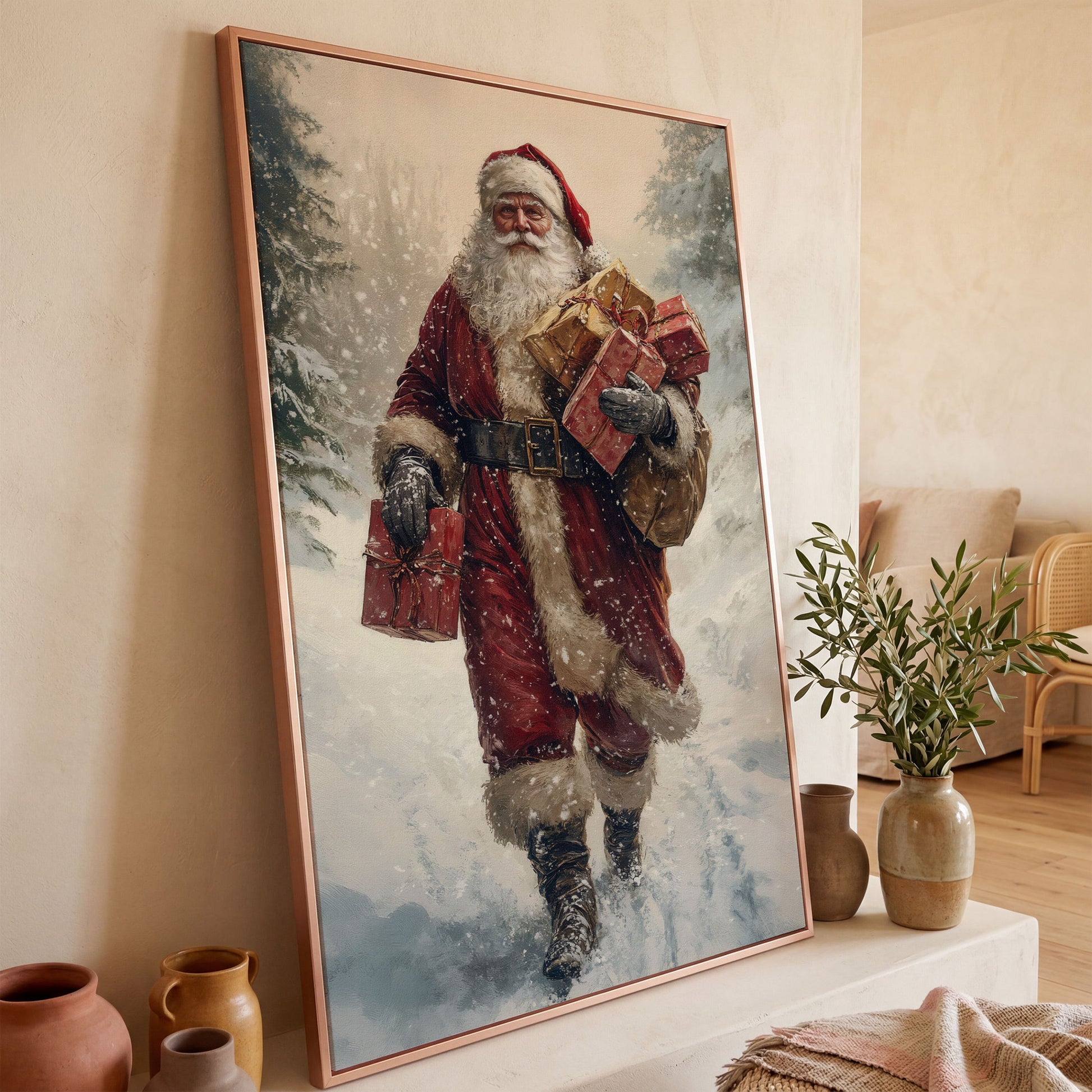 Santa in Snowy Forest Canvas Print in rose gold floating frame