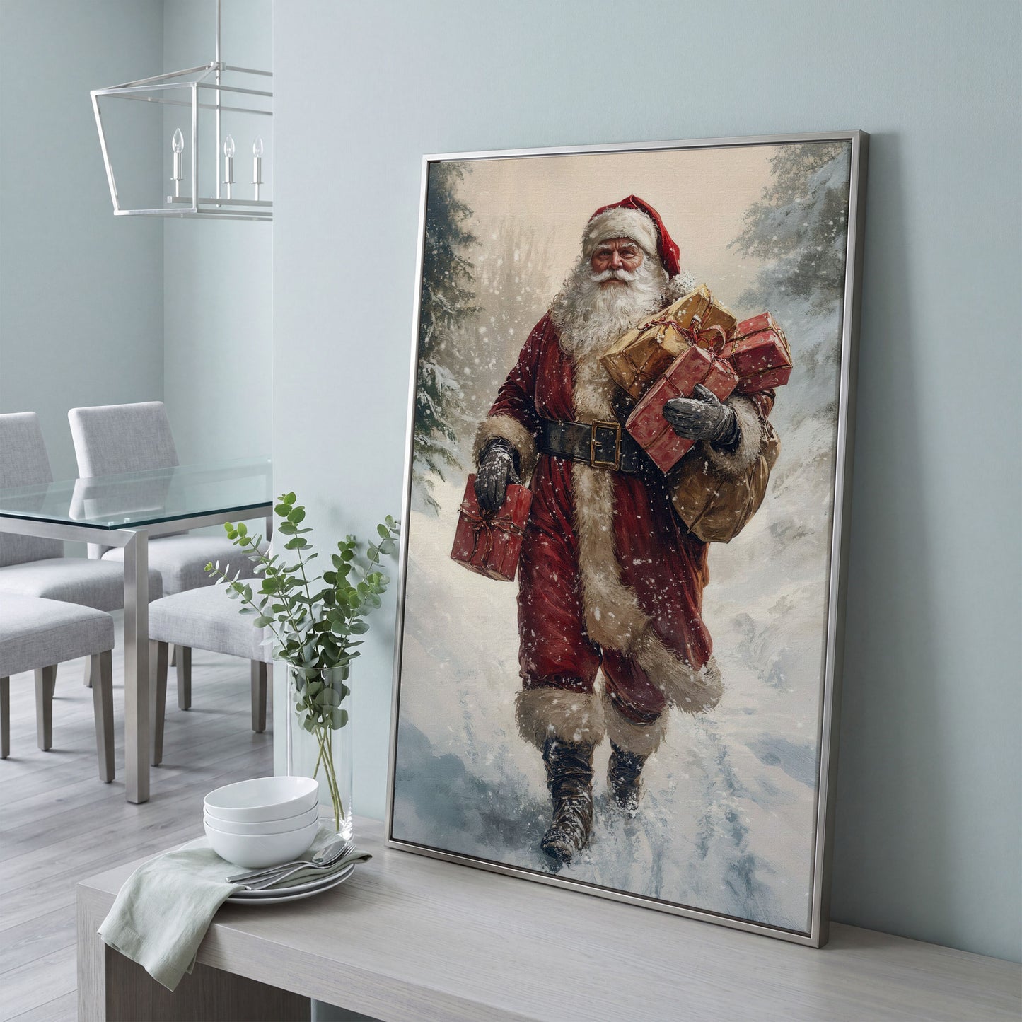 Santa in Snowy Forest Canvas Print in silver floating frame