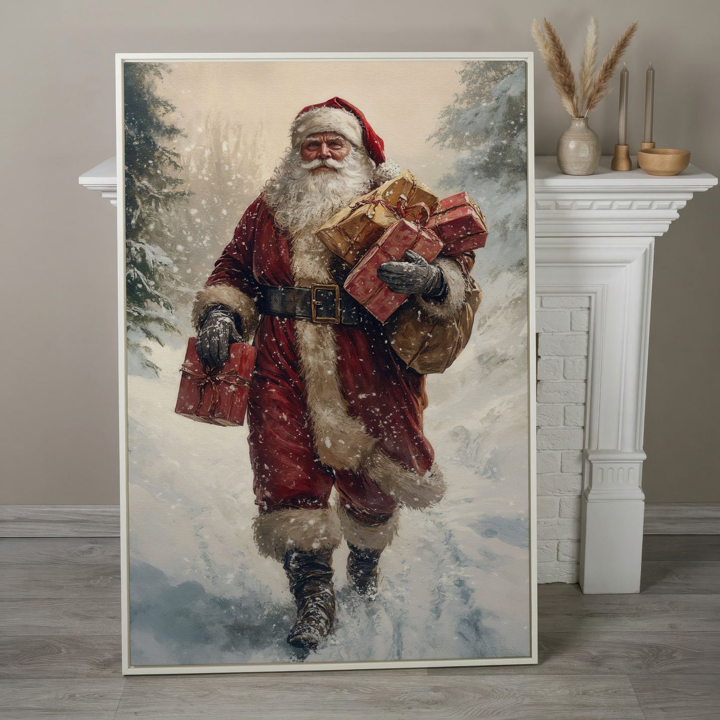 Santa in Snowy Forest Canvas Print in white floating frame