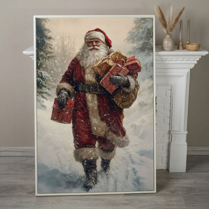 Santa in Snowy Forest Canvas Print in white floating frame
