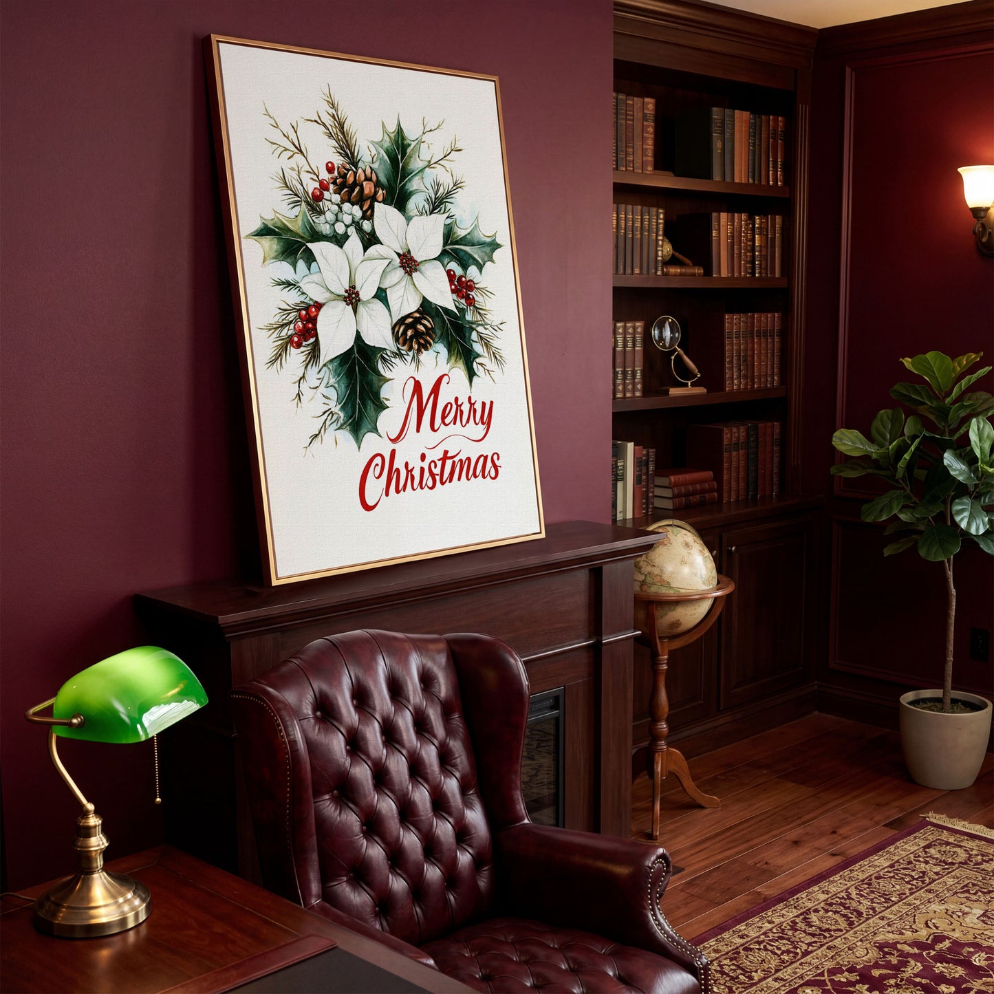 Merry Christmas Botanical Canvas Print in antique gold floating frame