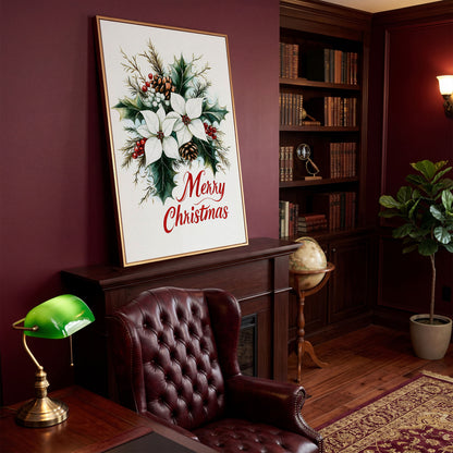 Merry Christmas Botanical Canvas Print in antique gold floating frame