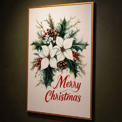 Merry Christmas Botanical Canvas Print shown in antique gold floating frame