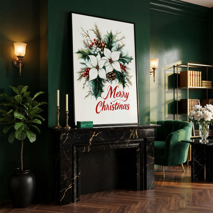 Merry Christmas Botanical Canvas Print in black floating frame