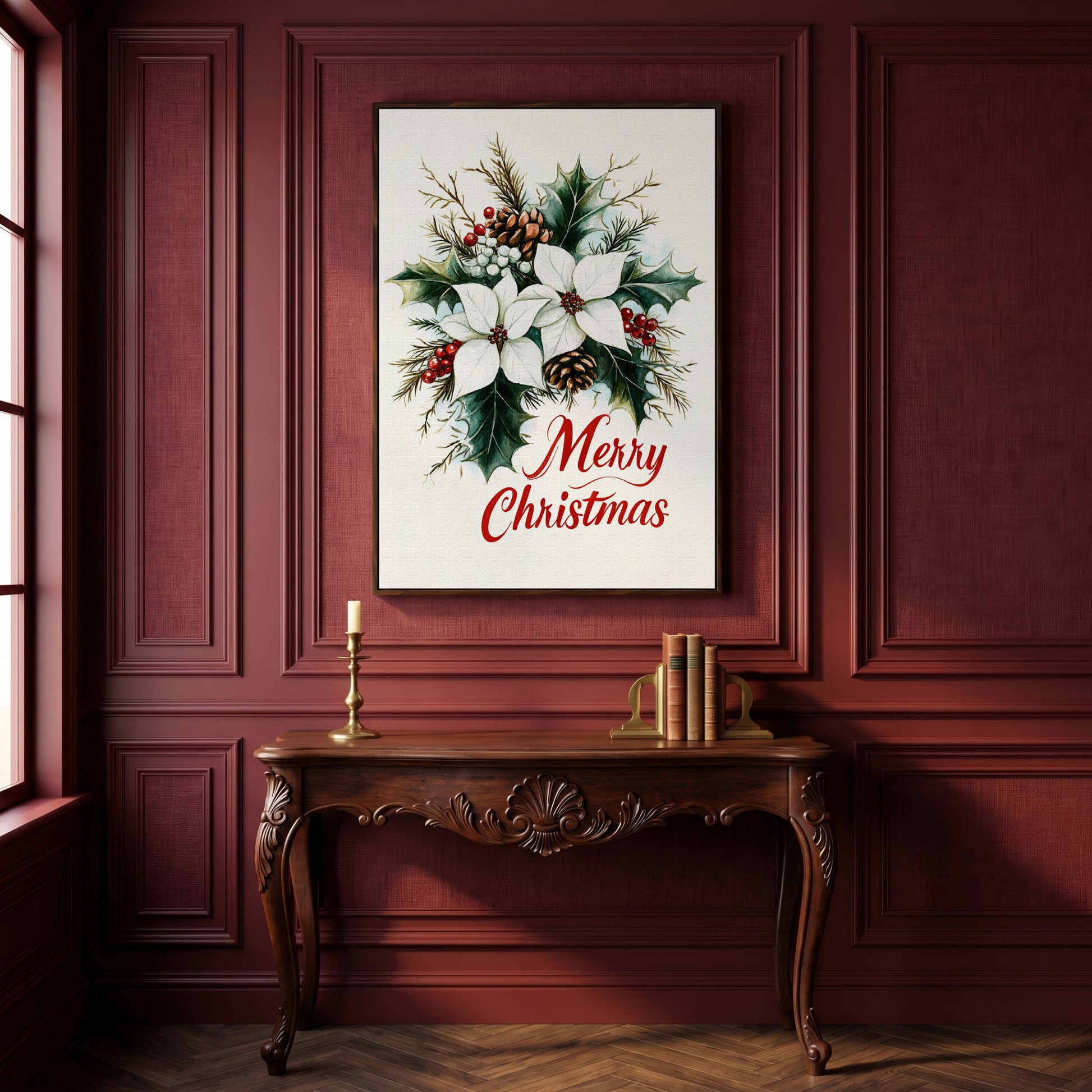 Merry Christmas Botanical Canvas Print in dark walnut floating frame