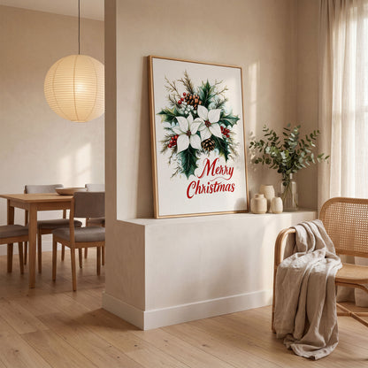 Merry Christmas Botanical Canvas Print in white oak floating frame