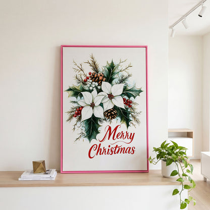 Merry Christmas Botanical Canvas Print in pink floating frame