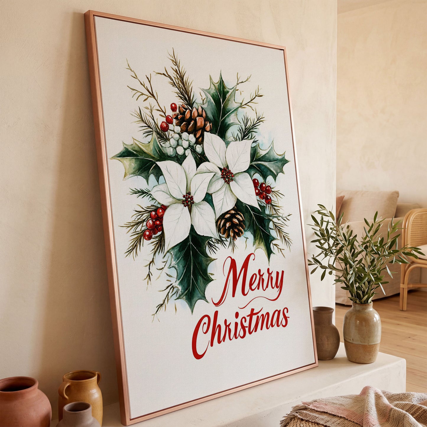 Merry Christmas Botanical Canvas Print in rose gold floating frame