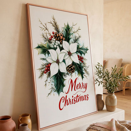 Merry Christmas Botanical Canvas Print in rose gold floating frame