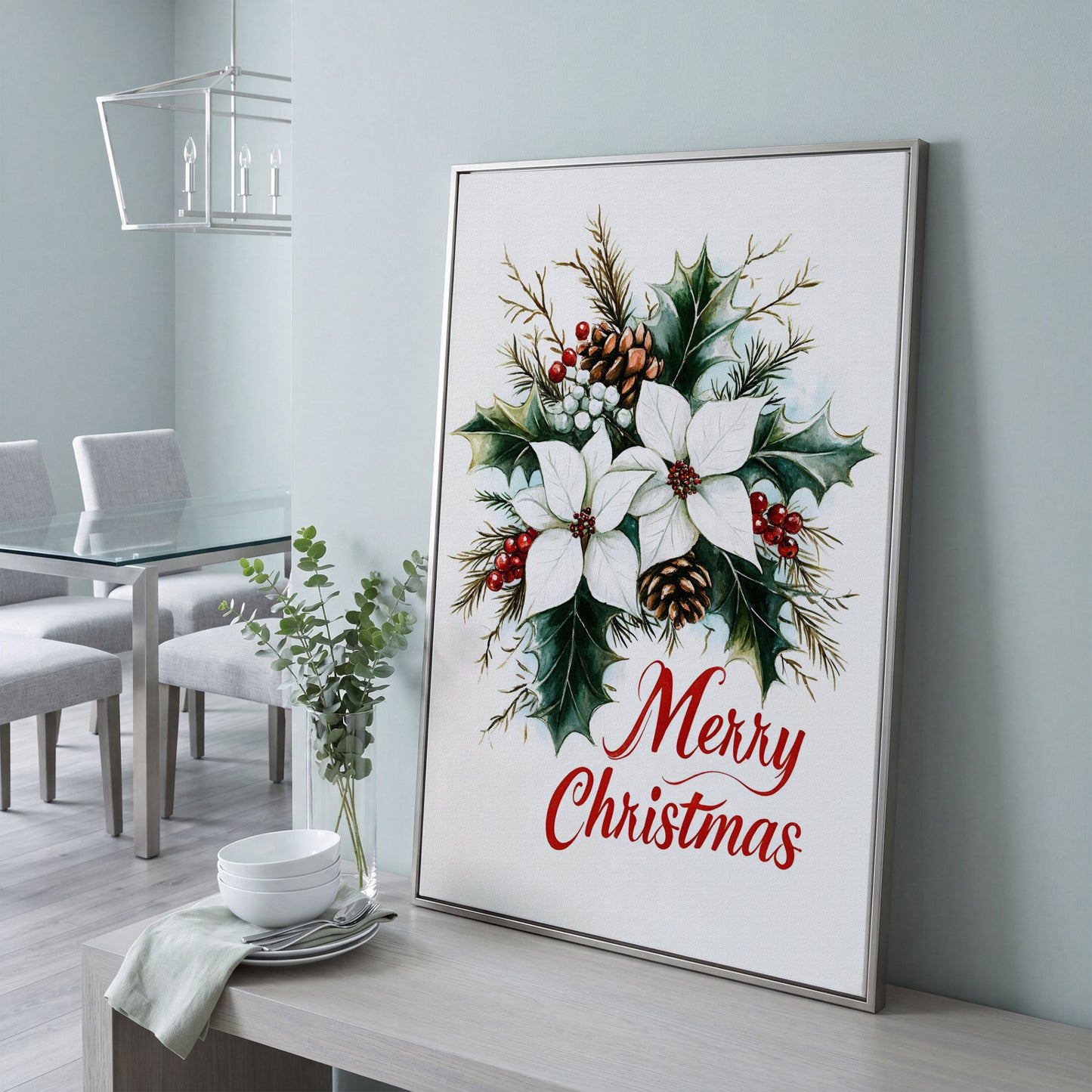 Merry Christmas Botanical Canvas Print in silver floating frame