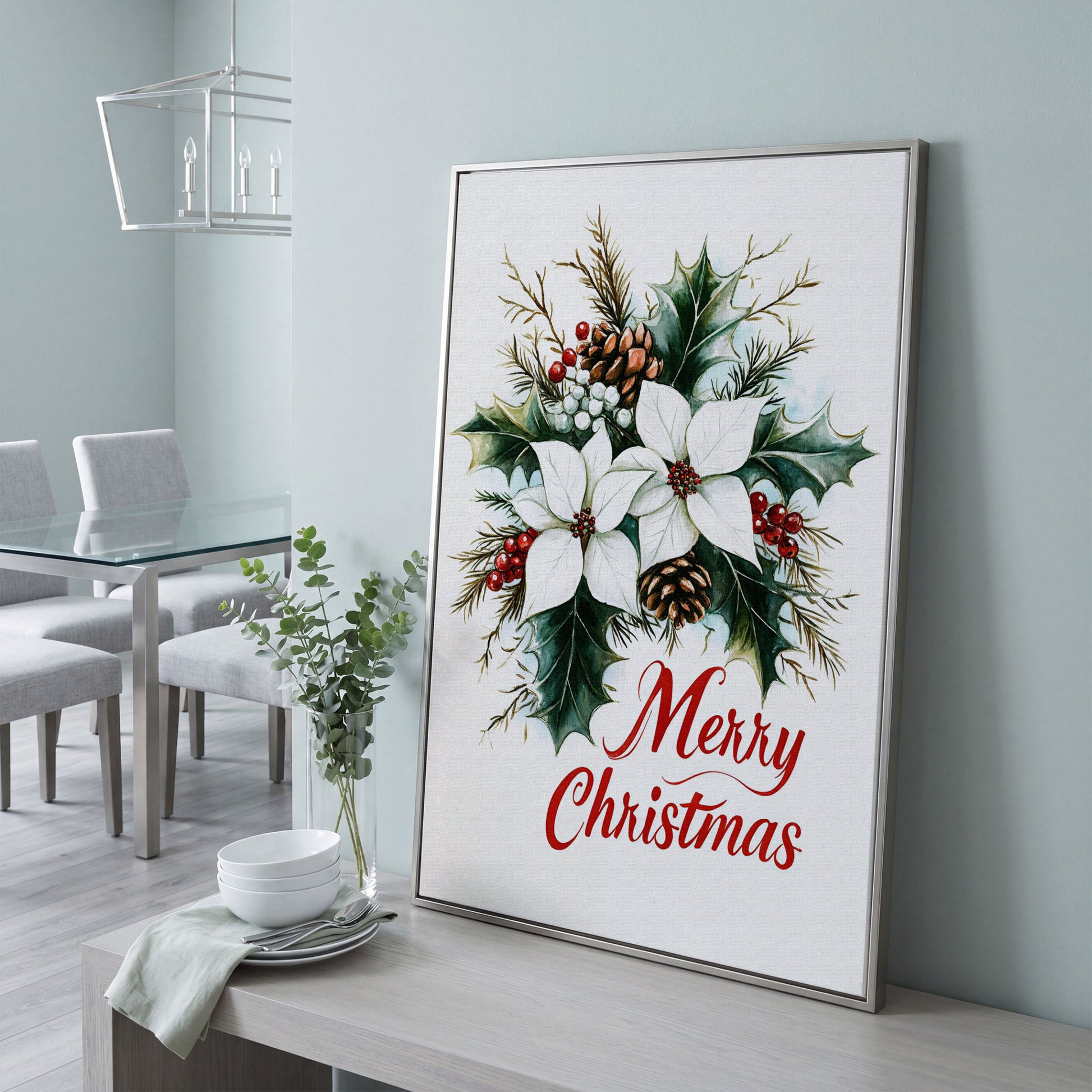 Merry Christmas Botanical Canvas Print in silver floating frame