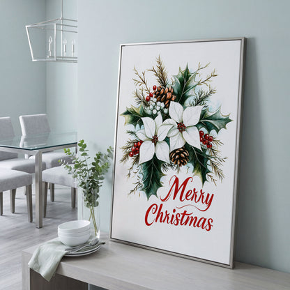 Merry Christmas Botanical Canvas Print in silver floating frame