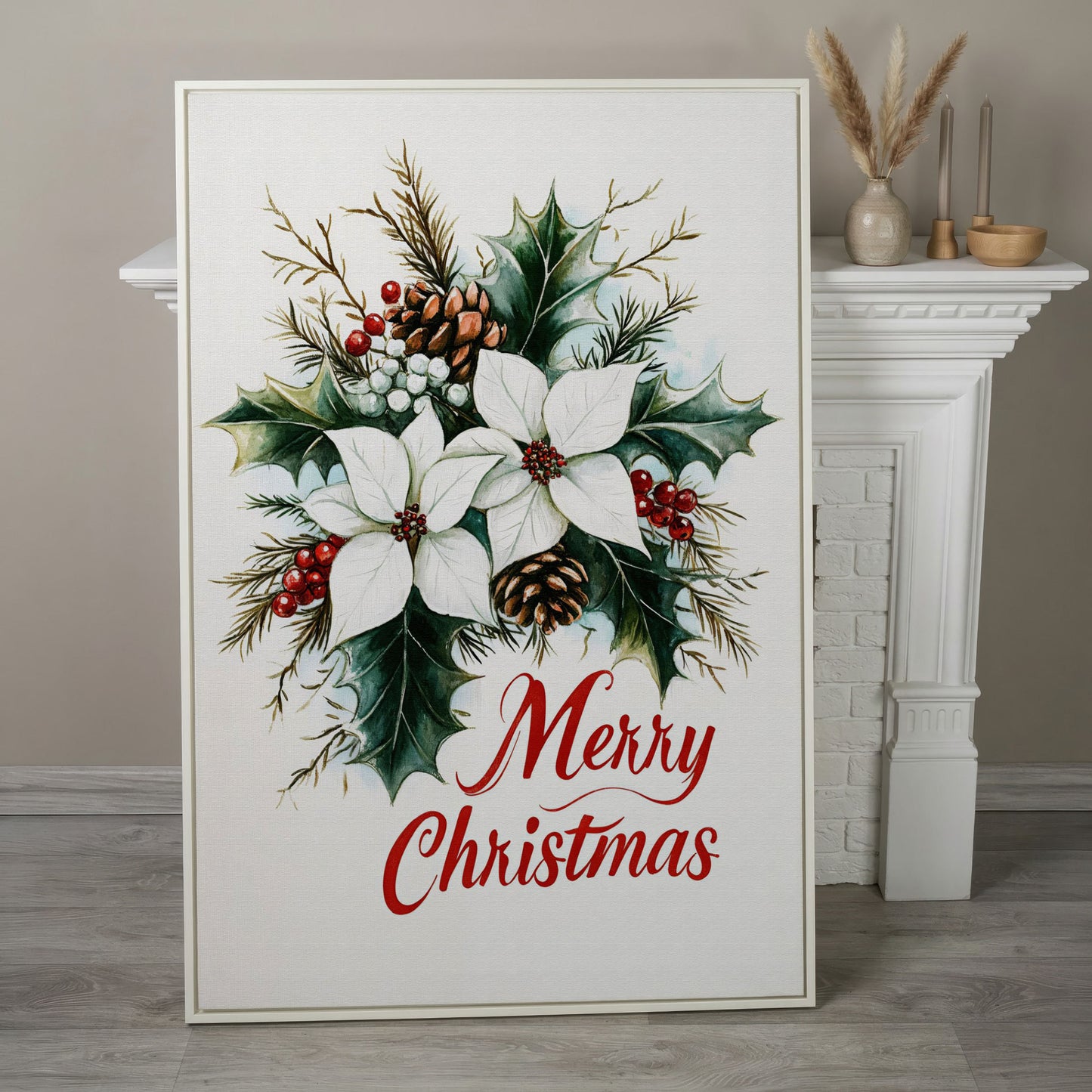Merry Christmas Botanical Canvas Print in white floating frame