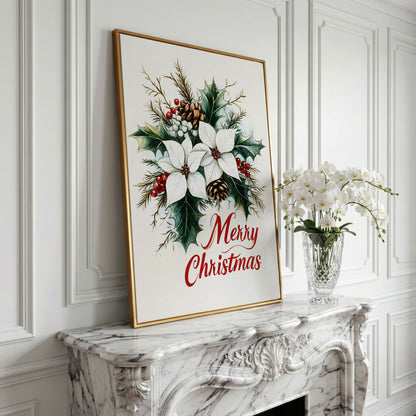 Merry Christmas Botanical Canvas Print in yellow gold floating frame
