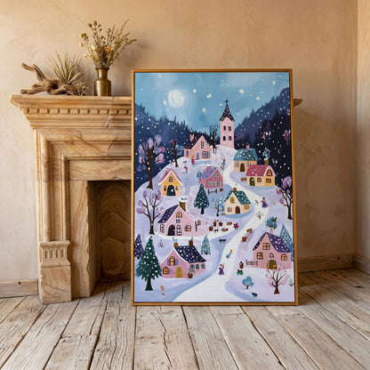 Snowy Winter Village Canvas Print in antique gold floating frame