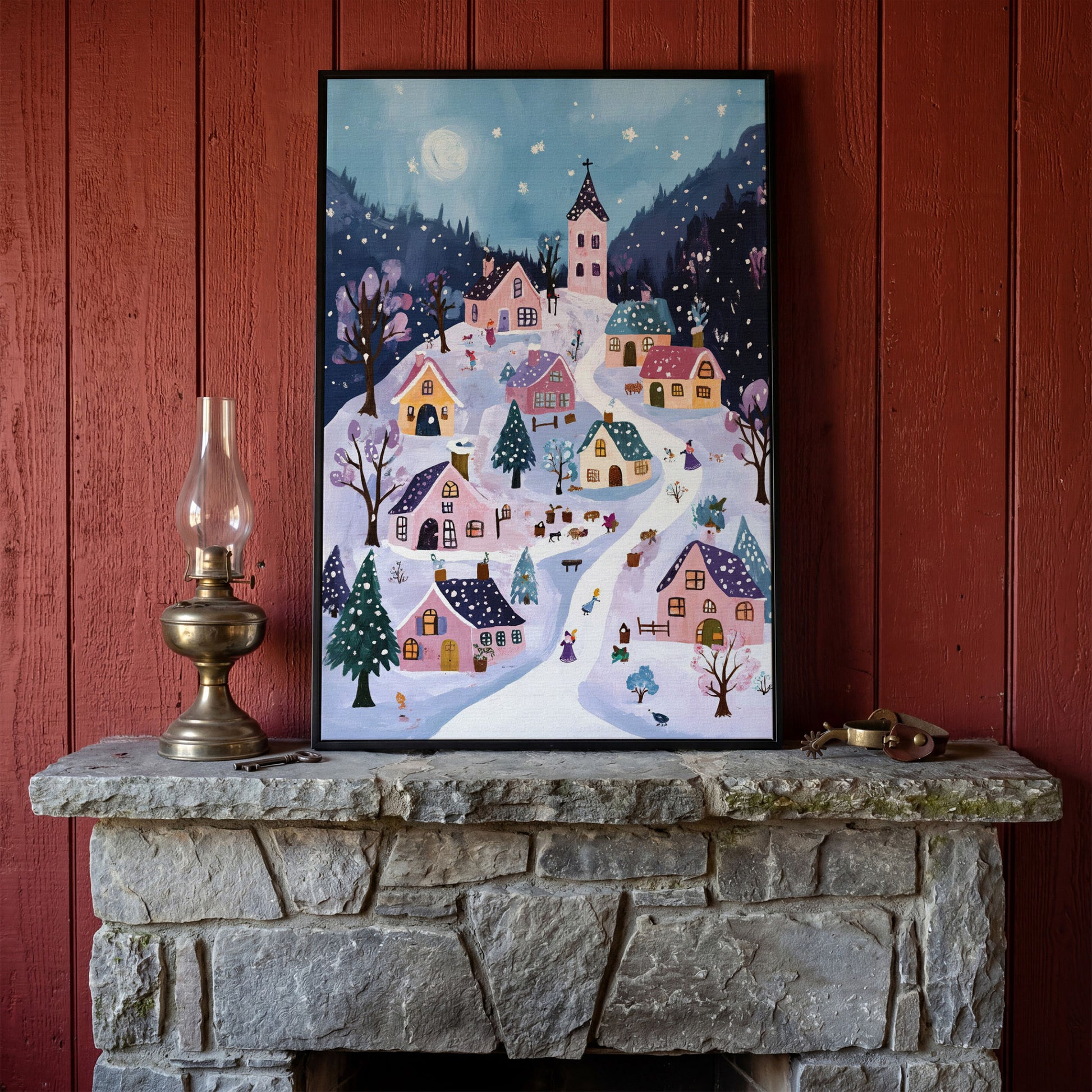 Snowy Winter Village Canvas Print in black floating frame