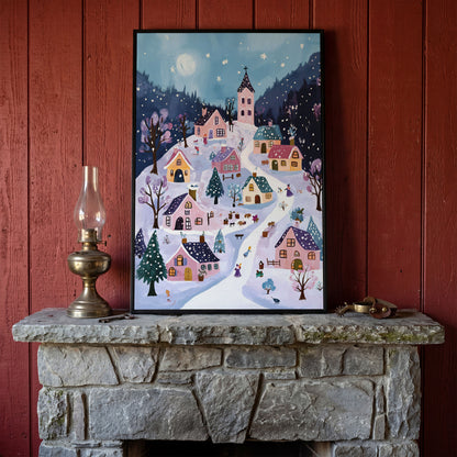 Snowy Winter Village Canvas Print in black floating frame