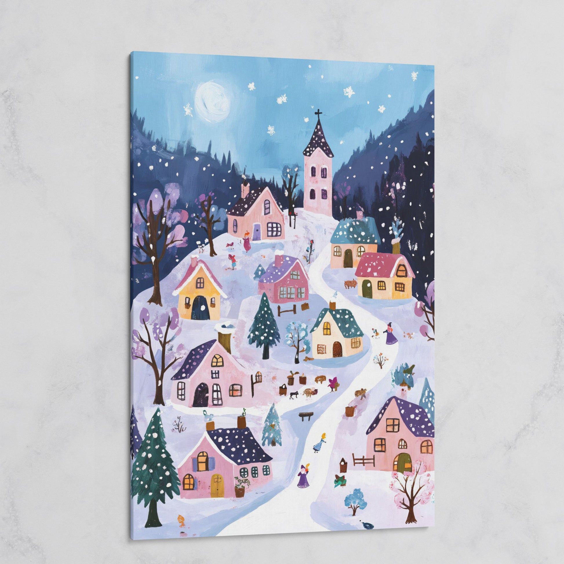 Snowy Winter Village Canvas Print on gallery wrap