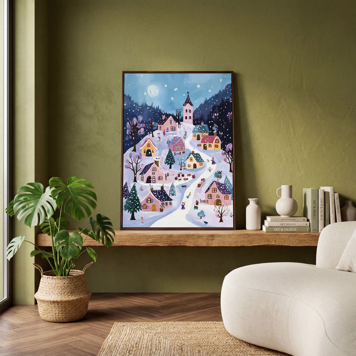 Snowy Winter Village Canvas Print in dark walnut floating frame