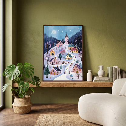 Snowy Winter Village Canvas Print in dark walnut floating frame