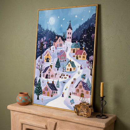 Snowy Winter Village Canvas Print in white oak floating frame