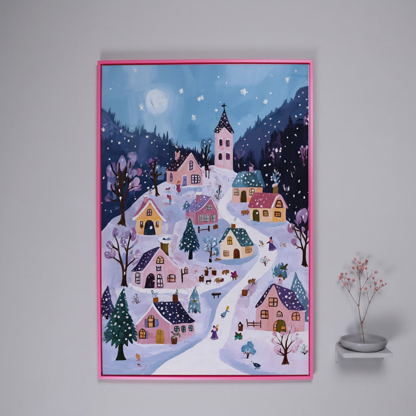 Snowy Winter Village Canvas Print in pink floating frame