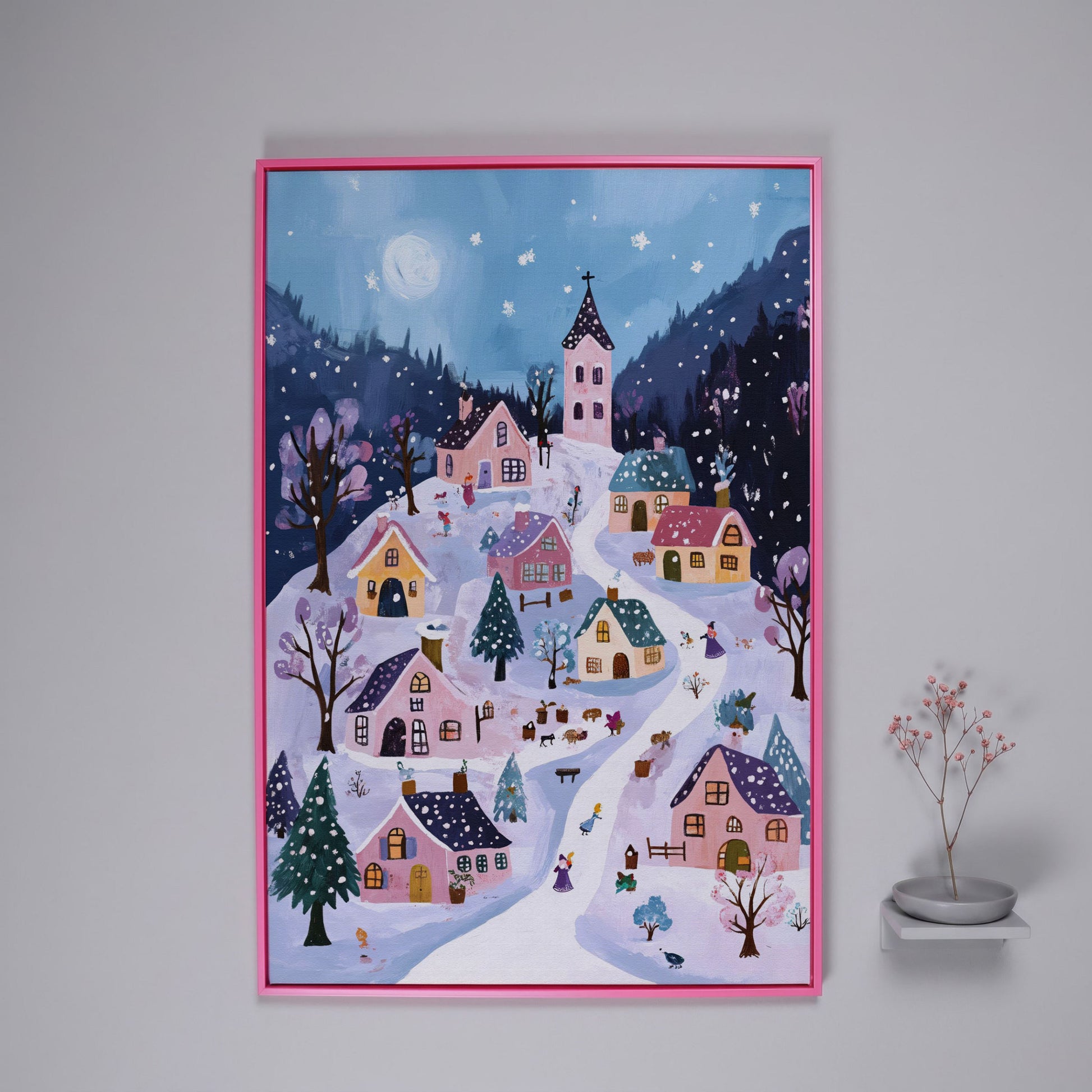 Snowy Winter Village Canvas Print in pink floating frame