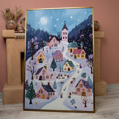 Snowy Winter Village Canvas Print in rose gold floating frame