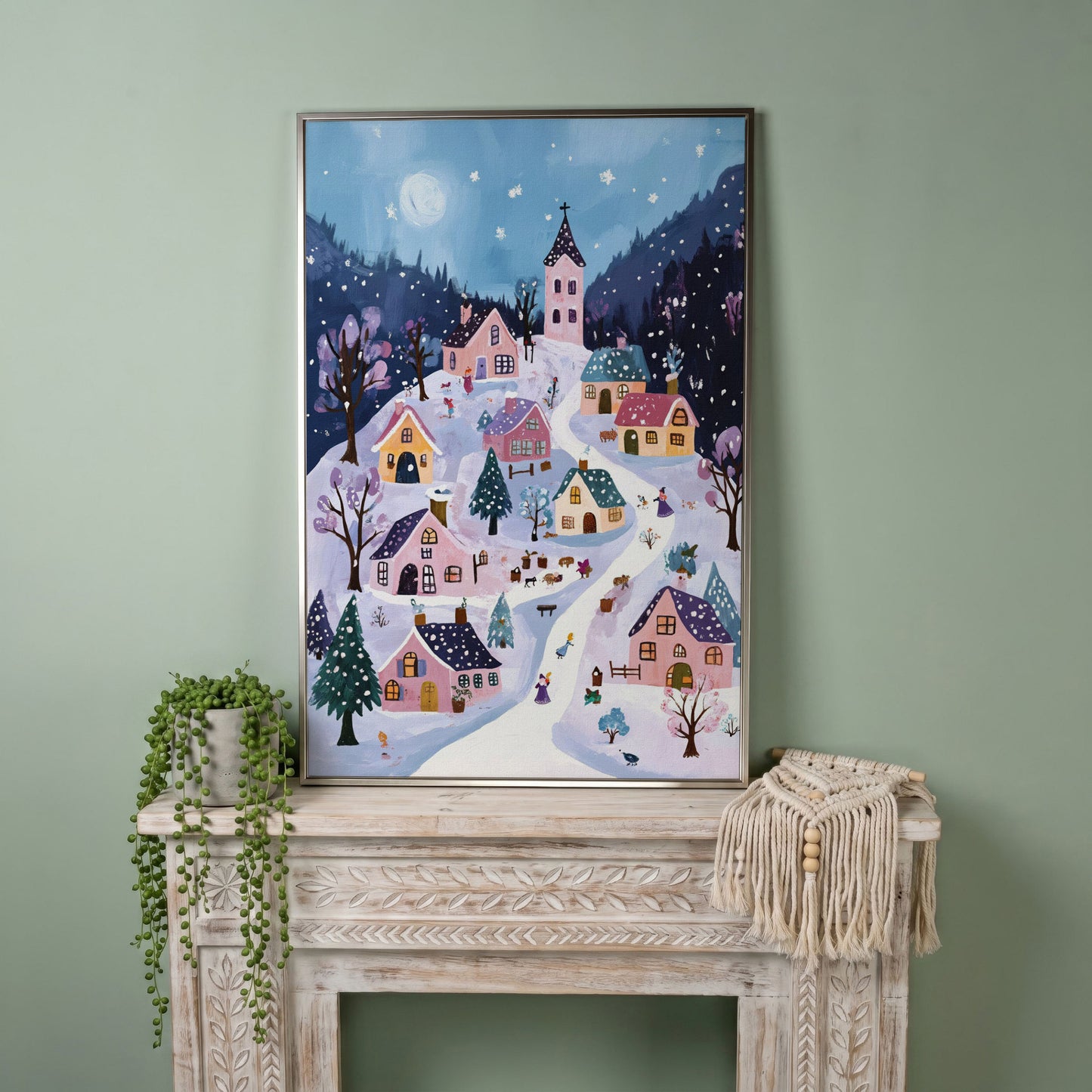 Snowy Winter Village Canvas Print in silver floating frame